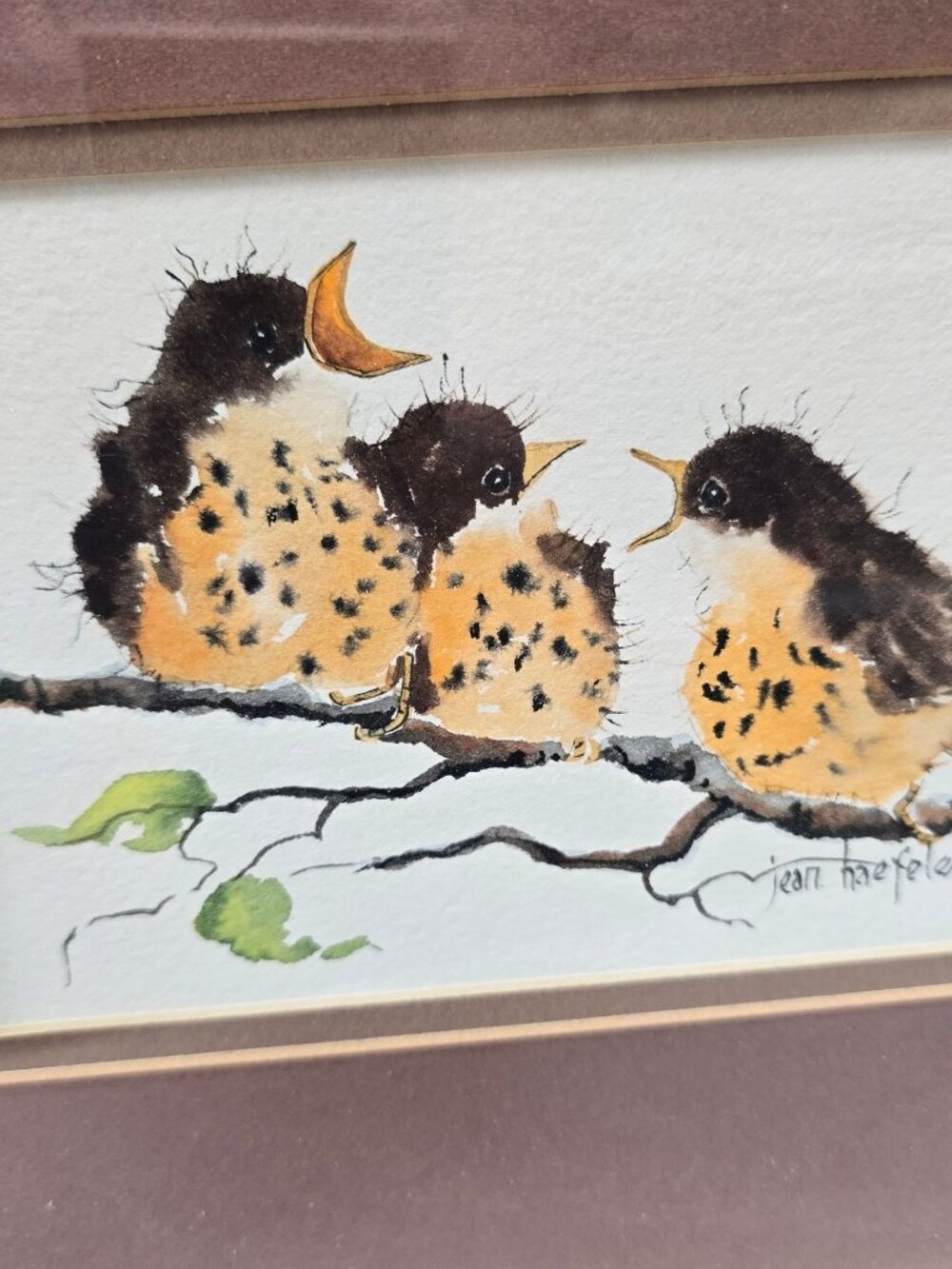Original Baby Bird Watercolor Painting by Jean Haefele – Framed Art with Matting